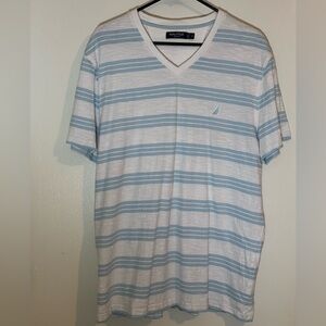 NAUTICA Slim Fit Men’s White & Light Blue Striped V-Neck Tee
